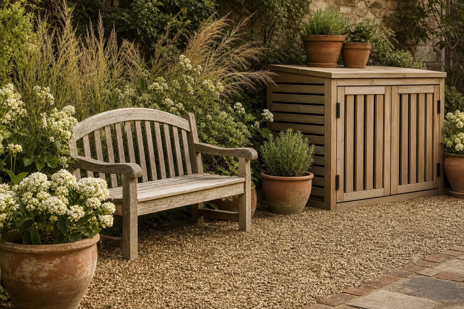 A natural wood bench, outdoor storage and terracotta planters on a garden terrace